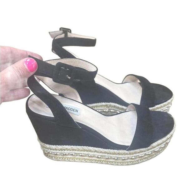 Steve Madden Black Espadrille Wedge Sandals Beaded & Sequins - Picture 8 of 8